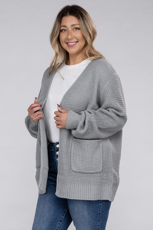 Plus Low Gauge Waffle Open Cardigan Sweater