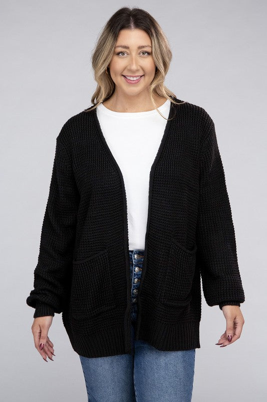 Plus Low Gauge Waffle Open Cardigan Sweater