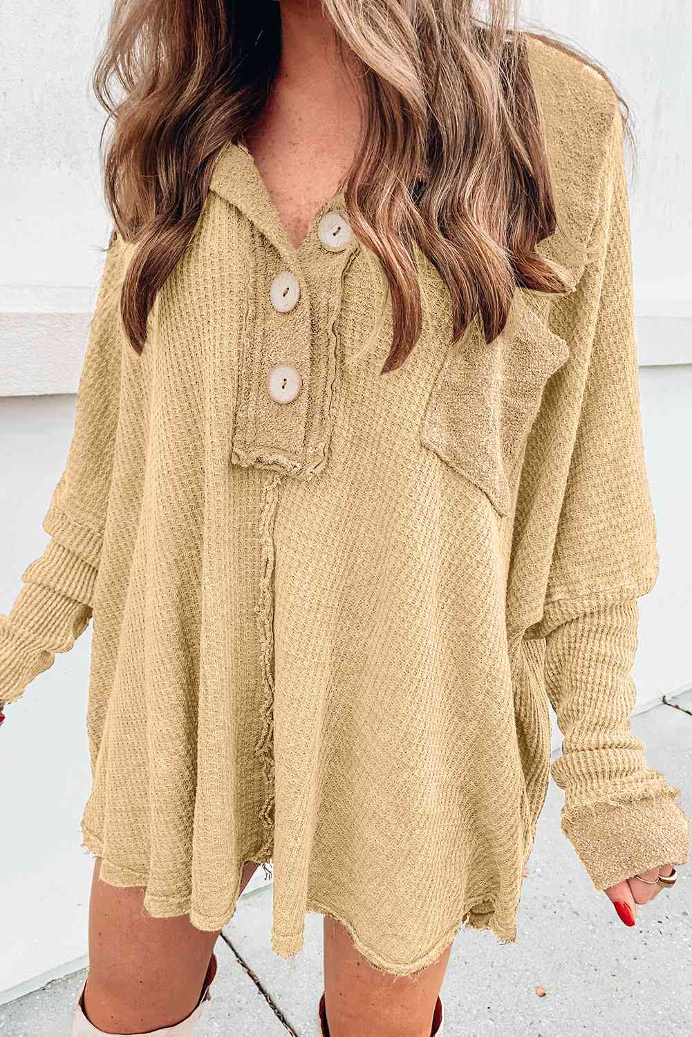 Waffle Knit Buttoned Long Sleeve Oversize Top with Pocket