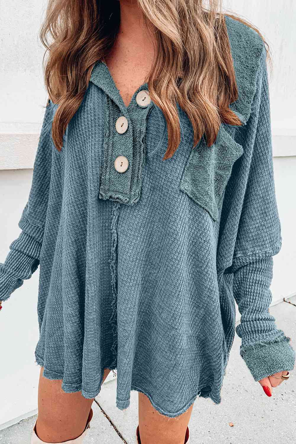 Waffle Knit Buttoned Long Sleeve Oversize Top with Pocket