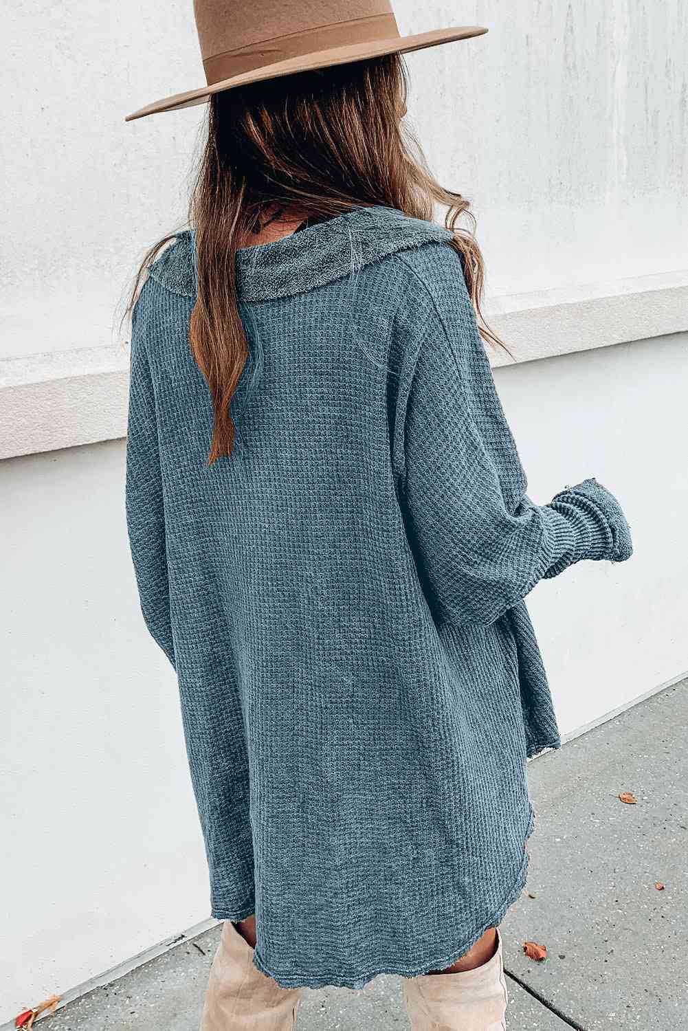 Waffle Knit Buttoned Long Sleeve Oversize Top with Pocket