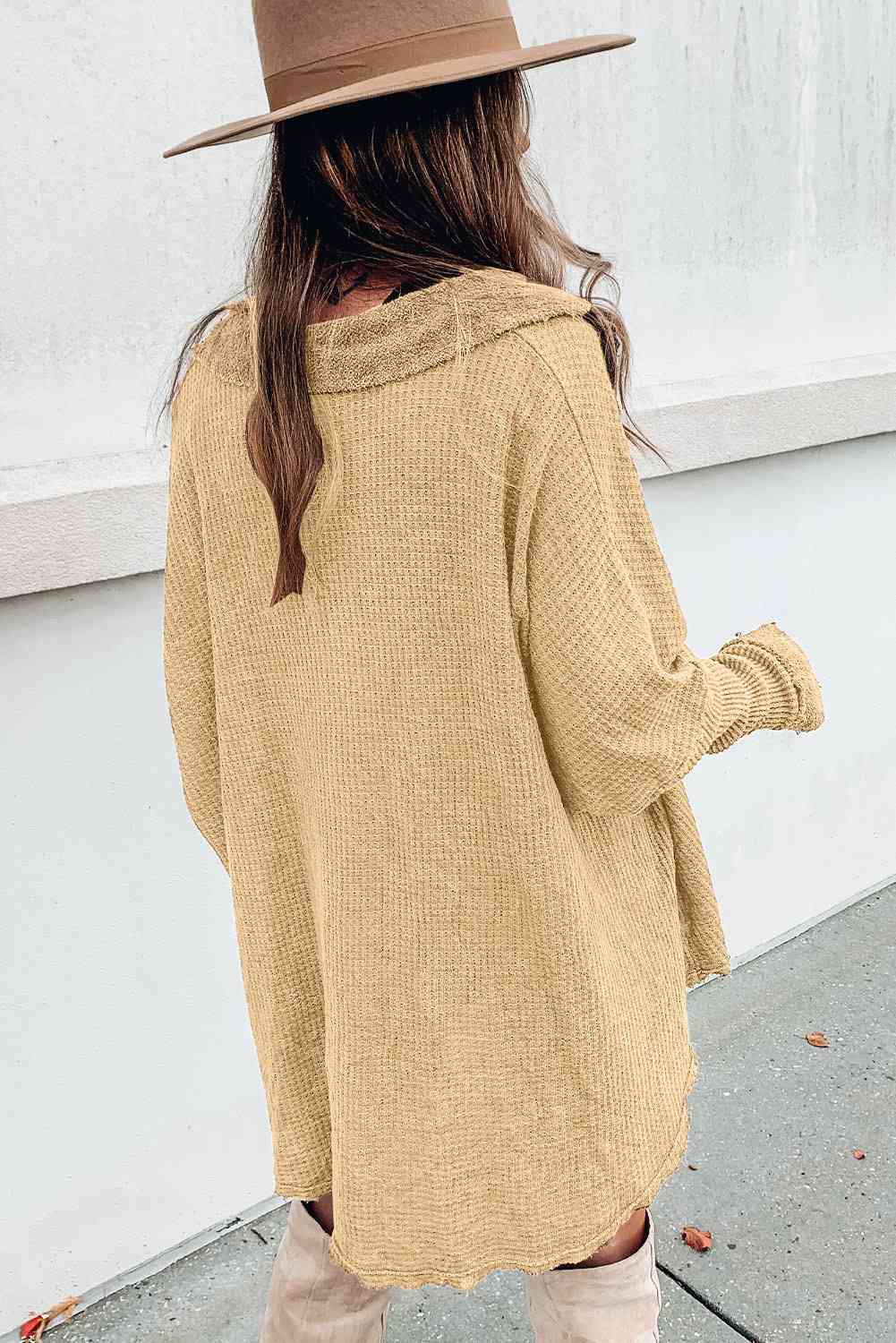 Waffle Knit Buttoned Long Sleeve Oversize Top with Pocket