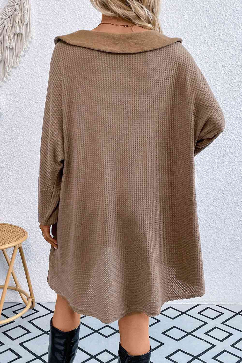 Waffle Knit Buttoned Long Sleeve Oversize Top with Pocket