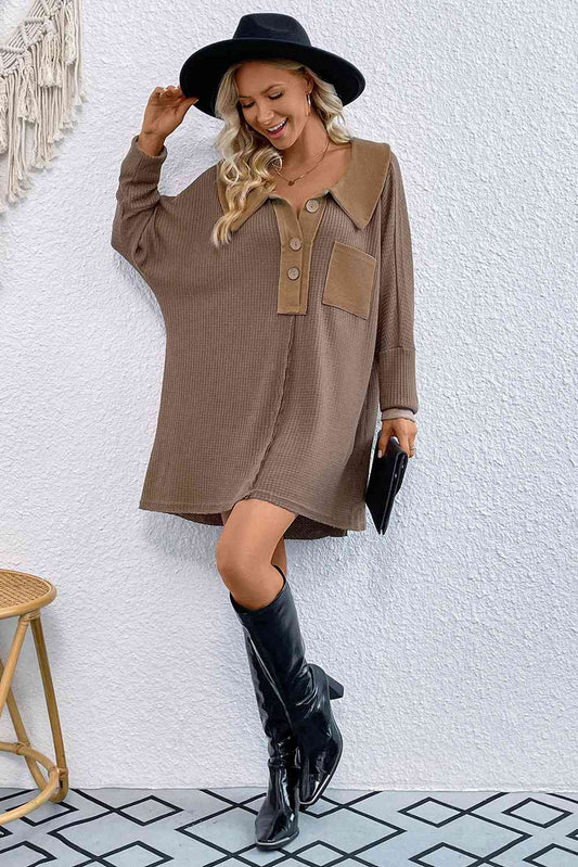 Waffle Knit Buttoned Long Sleeve Oversize Top with Pocket