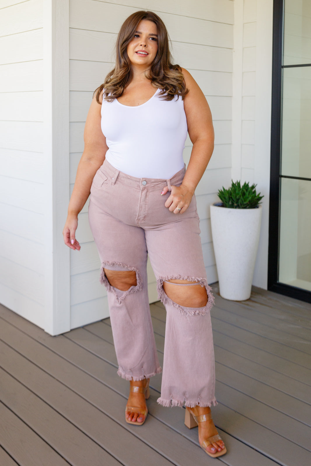 Risen High Rise Distressed Straight Jeans in Mauve