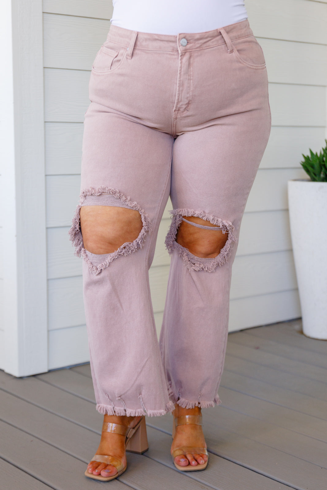 Risen High Rise Distressed Straight Jeans in Mauve