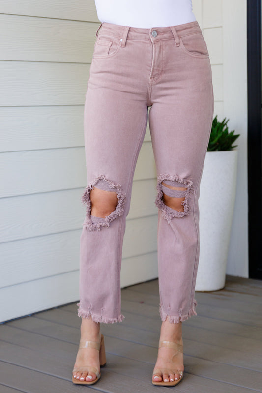 Risen High Rise Distressed Straight Jeans in Mauve