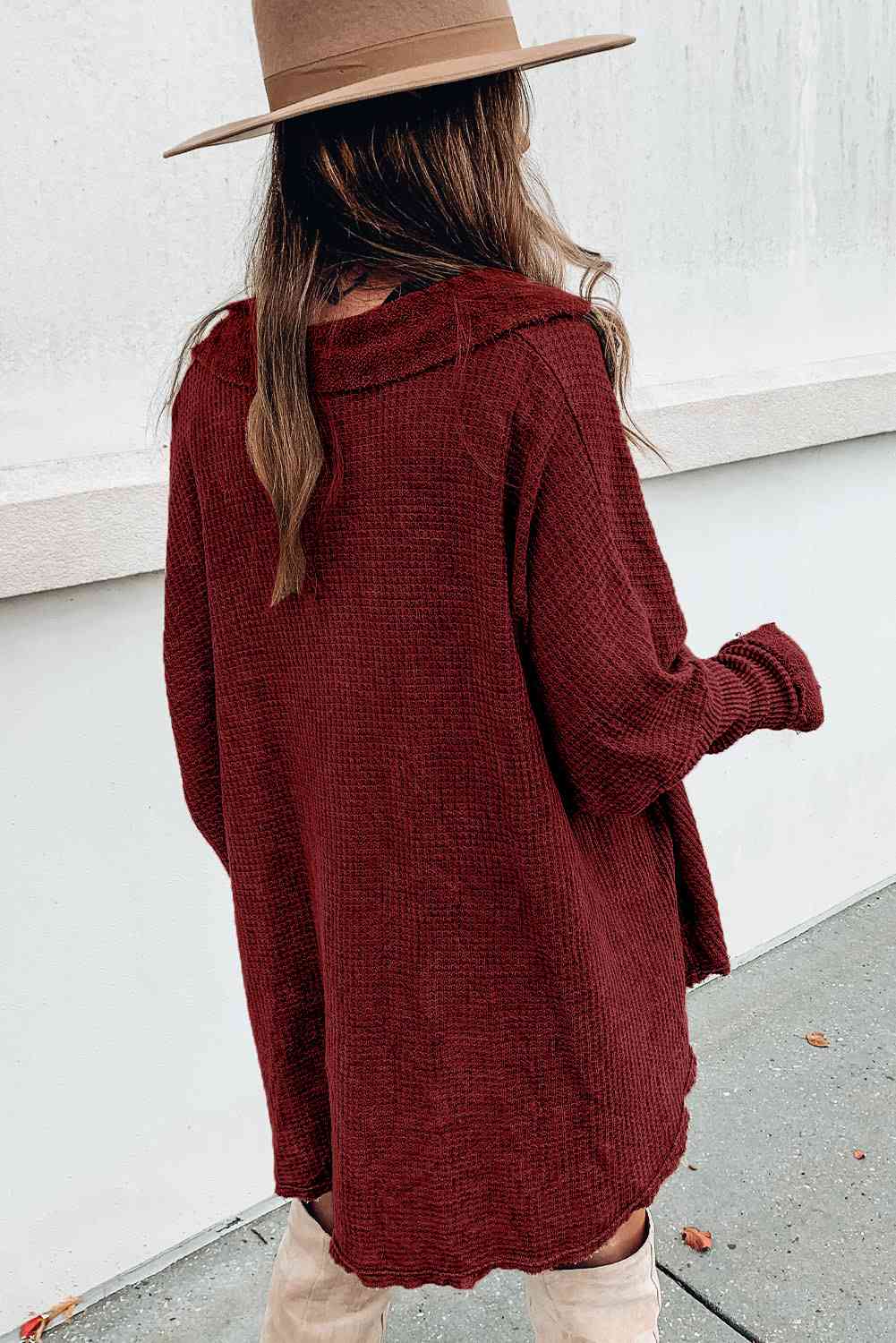 Waffle Knit Buttoned Long Sleeve Oversize Top with Pocket