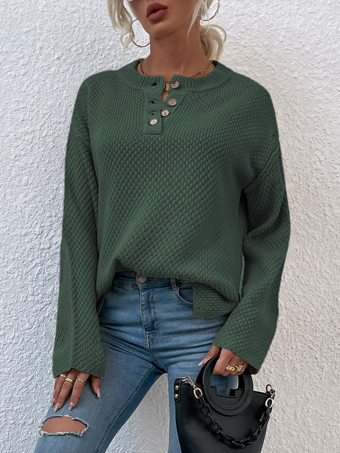 Quarter-Button Slit Sweater