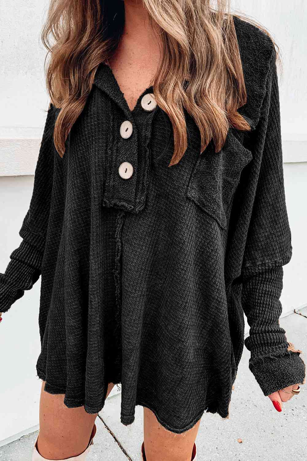 Waffle Knit Buttoned Long Sleeve Oversize Top with Pocket