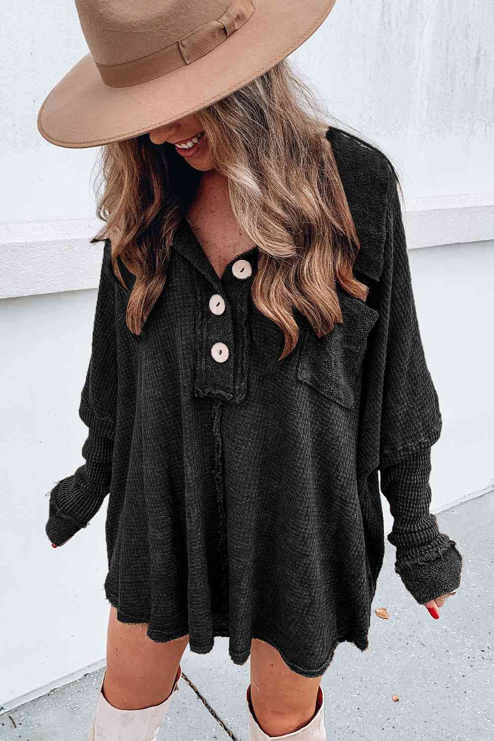 Waffle Knit Buttoned Long Sleeve Oversize Top with Pocket