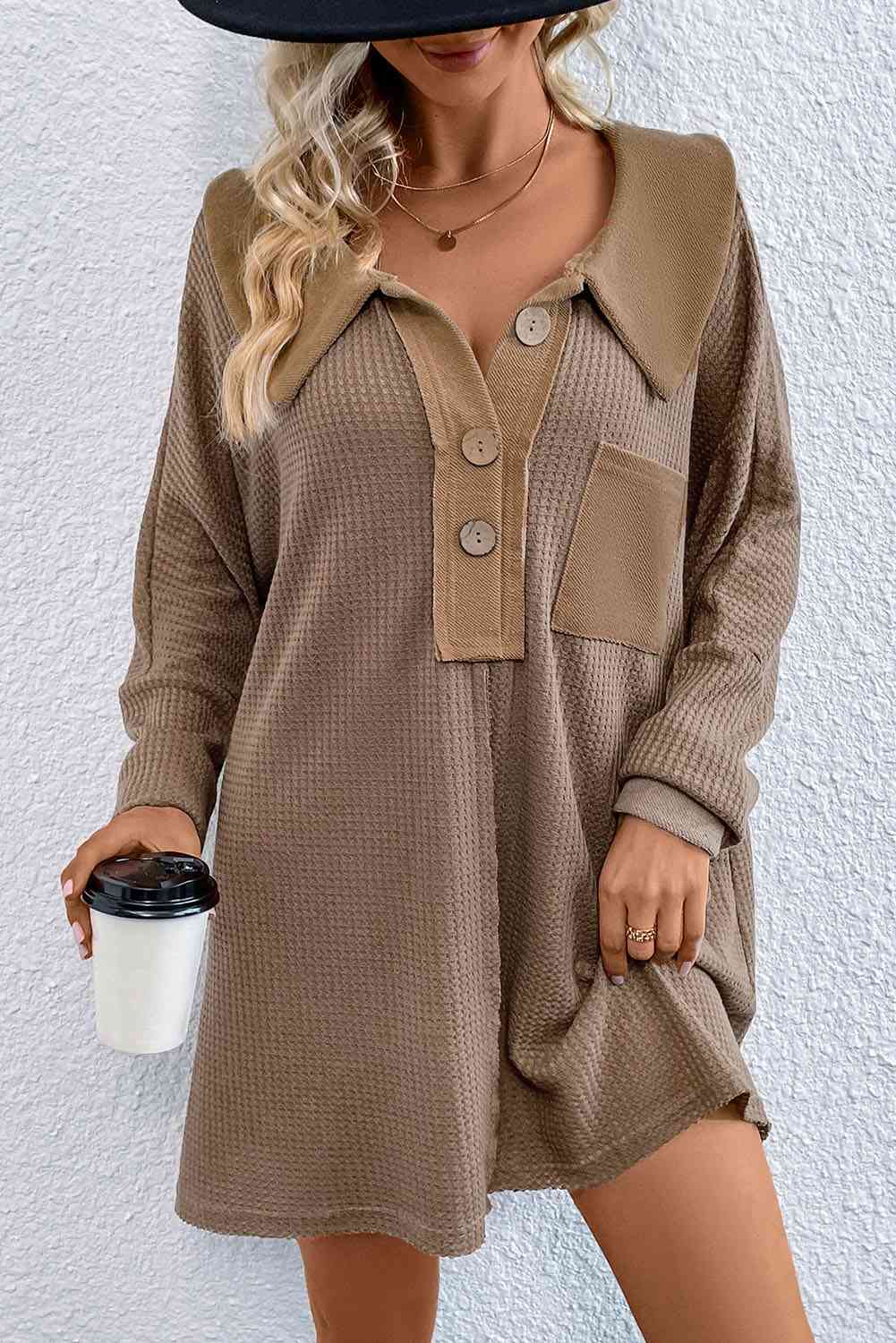 Waffle Knit Buttoned Long Sleeve Oversize Top with Pocket